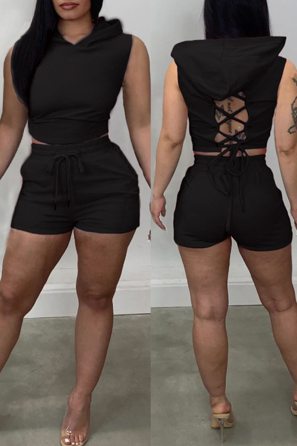 Black Sexy Solid Patchwork Backless Hooded Collar Sleeveless Two Pieces