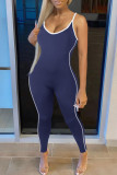 Colorful Blue Casual Sportswear Solid Patchwork Spaghetti Strap Regular Jumpsuits