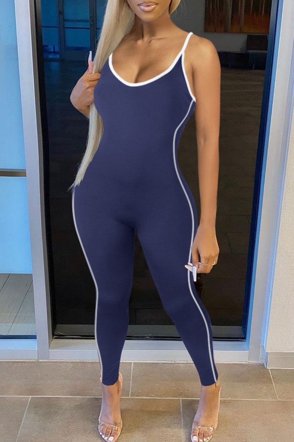 Royal Blue Casual Sportswear Solid Patchwork Spaghetti Strap Regular Jumpsuits