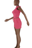 Rose Red Sexy Solid Patchwork Backless Hooded Collar Sleeveless Two Pieces