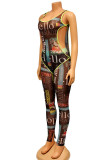 Black Sexy Print Hollowed Out Patchwork U Neck Sleeveless Two Pieces