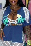 Blue Sexy Print Tassel Patchwork V Neck T-Shirts