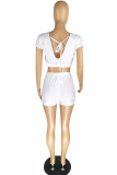 Grey Fashion Casual Solid Bandage Backless O Neck Short Sleeve Two Pieces