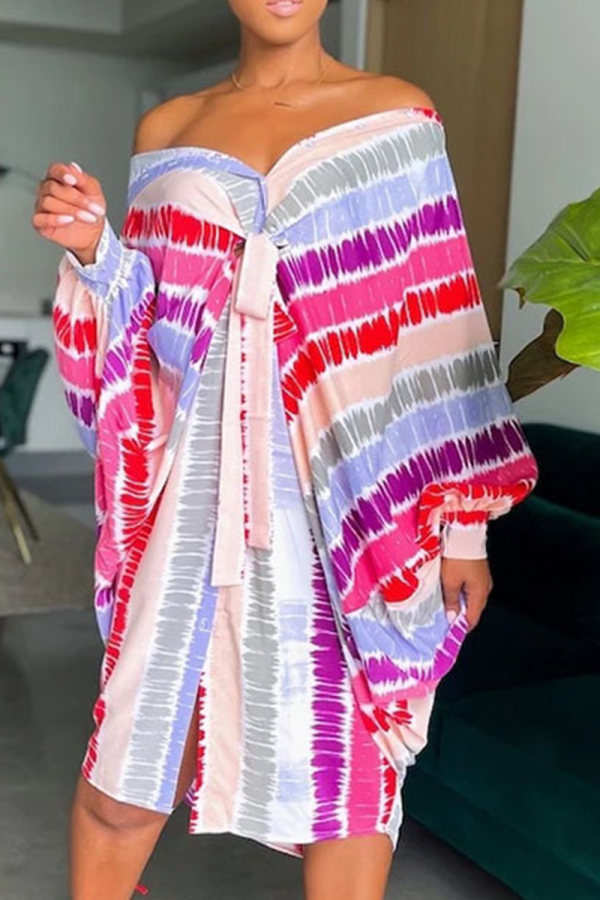 Red Casual Striped Patchwork Turndown Collar Irregular Dress Dresses
