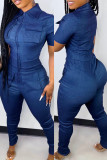 Blue Fashion Sexy Solid Basic Turndown Collar Skinny Jumpsuits