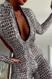 Silver Fashion Sexy Print Backless Zipper Collar Skinny Jumpsuits