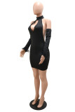 Black Fashion Sexy Solid Hollowed Out Backless Turtleneck A Line Dresses (With Sleeves)