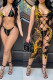 Black Yellow Sexy Print Bandage Patchwork See-through Swimwears(Three Pieces)