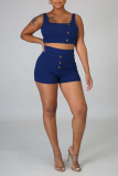 Blue Sexy Solid Patchwork Square Collar Sleeveless Two Pieces