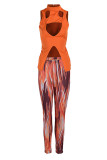 Tangerine Red Sexy Solid Hollowed Out Split Joint Asymmetrical Half A Turtleneck Sleeveless Two Pieces