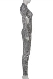Silver Fashion Sexy Print Backless Zipper Collar Skinny Jumpsuits