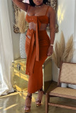 Brown Fashion Sexy Solid Hollowed Out Patchwork Backless Spaghetti Strap Sleeveless Two Pieces