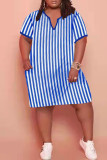 Light Blue Fashion Casual Plus Size Striped Print Patchwork V Neck Short Sleeve Dress