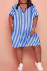 Light Blue Fashion Casual Plus Size Striped Print Patchwork V Neck Short Sleeve Dress