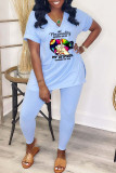 Shallow Yellow Fashion Casual Lips Printed Slit V Neck Short Sleeve Two Pieces