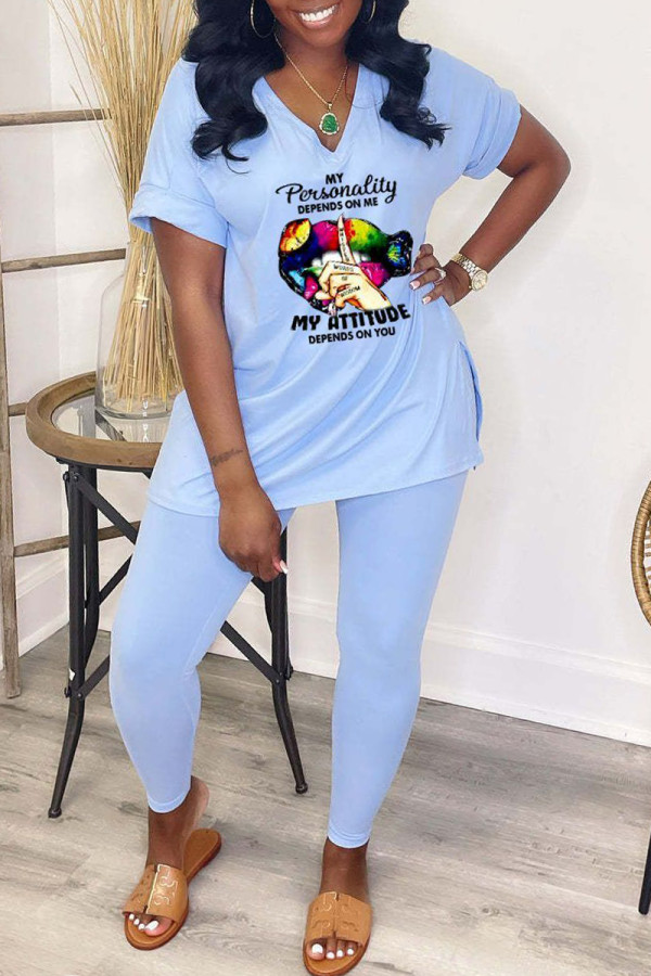 Baby Blue Fashion Casual Lips Printed Slit V Neck Short Sleeve Two Pieces