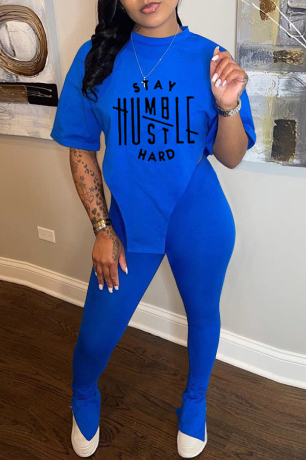 Blue Fashion Casual Print Slit Asymmetrical O Neck Short Sleeve Two Pieces