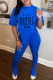 Blue Fashion Casual Print Slit Asymmetrical O Neck Short Sleeve Two Pieces