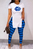 Red Casual Plaid Print Patchwork O Neck Short Sleeve Two Pieces