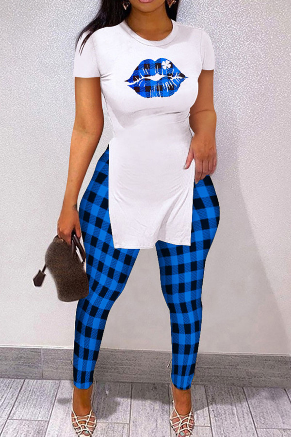 Blue Casual Plaid Print Patchwork O Neck Short Sleeve Two Pieces