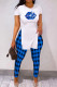 Blue Casual Plaid Print Patchwork O Neck Short Sleeve Two Pieces