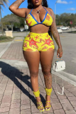 Yellow Vacation Print Patchwork Swimwears