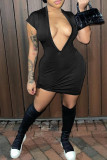 Grey Fashion Casual Solid Basic V Neck Short Sleeve Dress Dresses