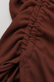 Coffee Sexy Solid Patchwork Slit Fold O Neck Straight Dresses