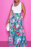 Colorful Blue Casual Street Print Patchwork Loose High Waist Wide Leg Full Print Bottoms