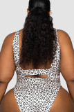 Rose Red Fashion Sexy Print Leopard Hollowed Out U Neck Plus Size Swimwear