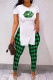 Green Casual Plaid Print Patchwork O Neck Short Sleeve Two Pieces