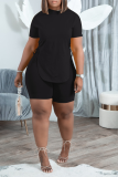 Blue Casual Solid Draw String O Neck Short Sleeve Two Pieces