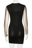 Apricot Fashion Sexy Patchwork See-through O Neck Long Sleeve Dresses