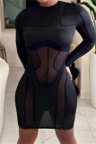 Apricot Fashion Sexy Patchwork See-through O Neck Long Sleeve Dresses