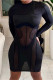 Black Fashion Sexy Patchwork See-through O Neck Long Sleeve Dresses