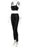 Black Sexy Casual Solid Backless Spaghetti Strap Sleeveless Two Pieces