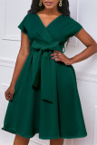 Green Fashion Casual Solid With Belt V Neck Short Sleeve Dress