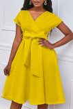 Yellow Fashion Casual Solid With Belt V Neck Short Sleeve Dress