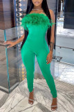 Blue Sexy Solid Patchwork Feathers Strapless Regular Jumpsuits