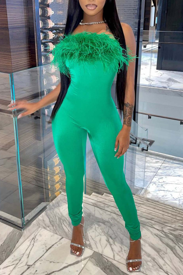 Green Sexy Solid Patchwork Feathers Strapless Regular Jumpsuits