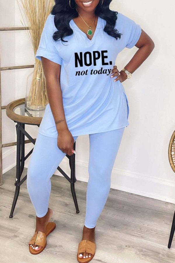 Baby Blue Fashion Casual Letter Print V Neck Short Sleeve Two Pieces