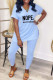 Baby Blue Fashion Casual Letter Print V Neck Short Sleeve Two Pieces