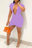 Grey Fashion Casual Solid Basic V Neck Short Sleeve Dress Dresses