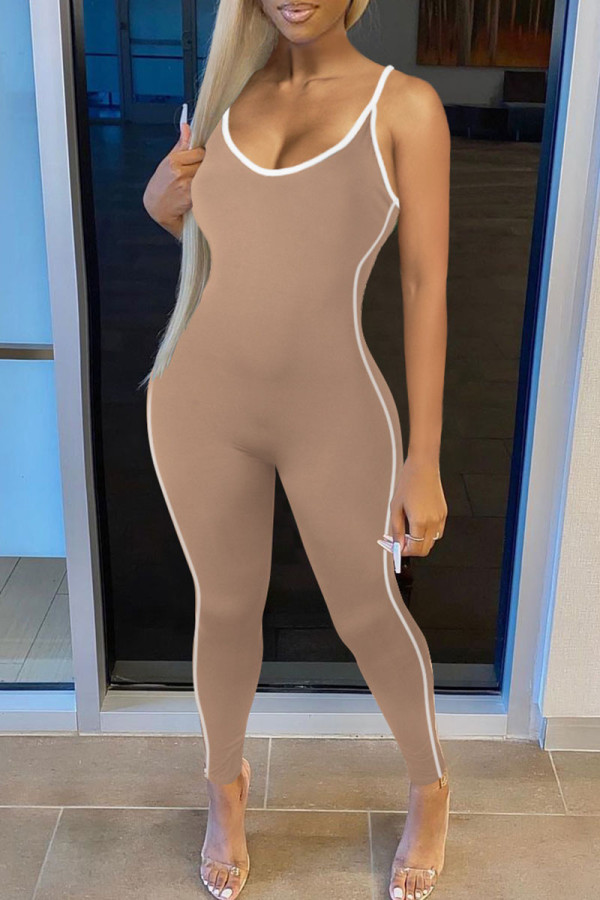 Apricot Casual Sportswear Solid Patchwork Spaghetti Strap Regular Jumpsuits