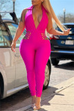Rose Red Fashion Sexy Solid Hollowed Out Backless V Neck Skinny Jumpsuits
