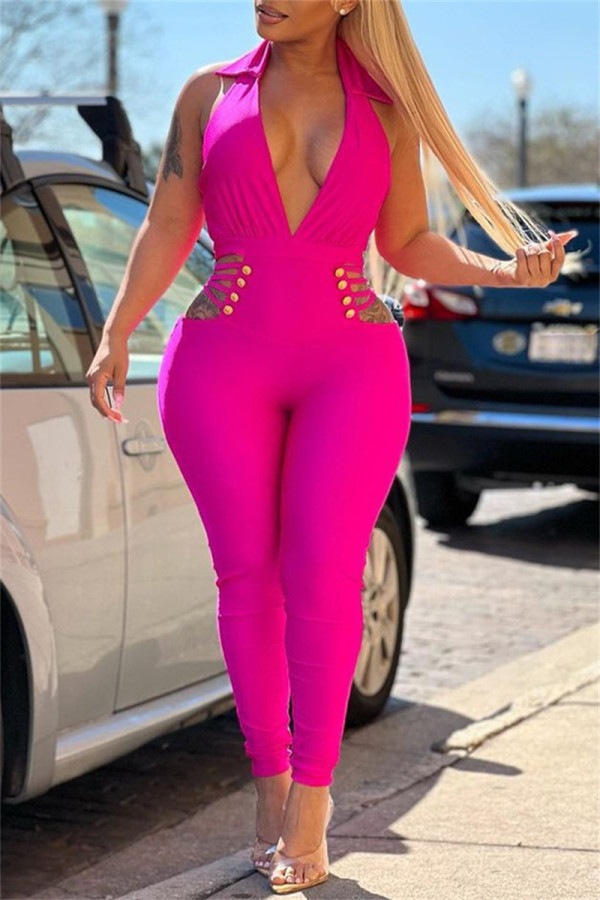 Rose Red Fashion Sexy Solid Hollowed Out Backless V Neck Skinny Jumpsuits