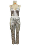 Silver Sexy Solid Hollowed Out Patchwork Spaghetti Strap Sleeveless Two Pieces