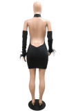 Black Fashion Sexy Solid Hollowed Out Backless Turtleneck A Line Dresses (With Sleeves)