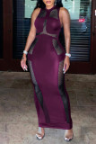 Dark Purple Sexy Solid Hollowed Out Patchwork See-through O Neck One Step Skirt Dresses