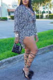 Blue Casual Print Patchwork Buckle Turndown Collar Long Sleeve Two Pieces